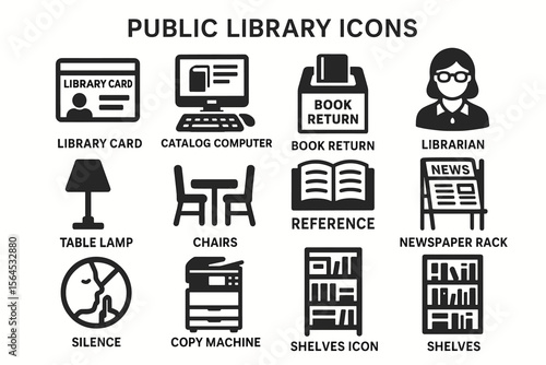 Public library icons: library card, computer, book return, librarian, reference, silence