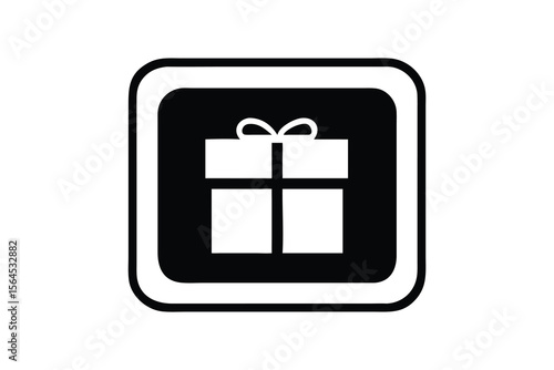 Simple Black and White Gift Icon: Minimalist Present Symbol, Square Frame, Festive Holiday Design, Perfect for Website Banners, App Interfaces, and Marketing Materials, Representing Generosity and Cel