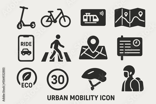 Urban mobility icons: scooter, bicycle, public transport, gps, map, eco, helmet, backpack