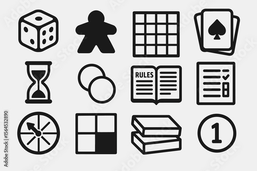 Game icons: dice, cards, meeple, hourglass, tokens, rules, scorecard, and spinner