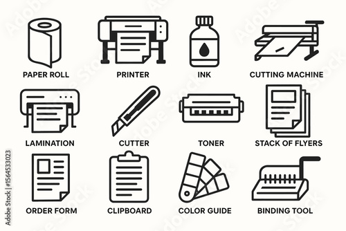 Printing equipment icons: printer, ink, paper roll, cutting machine, toner