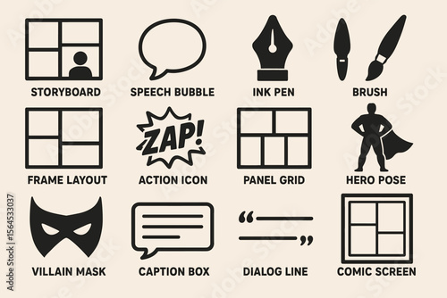 Comic design elements: storyboard, speech bubbles, pens, brushes, layouts, hero pose, villain mask, caption box