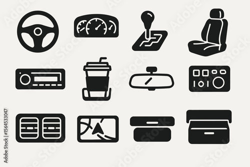 Car interior icons collection: steering wheel, gear shift, gps, dashboard indicators, seat, air vents