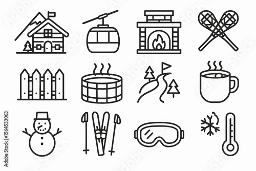 Winter resort icons: cabin, gondola, fireplace, snowshoes, hot tub, skiing, coffee, snowman, goggles