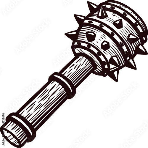 Hand drawn medieval spiked mace weapon isolated on white background vintage engraved sketch illustration