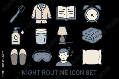 Night routine icon set featuring sleep essentials and relaxation items