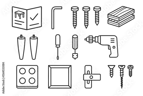 Flat pack furniture assembly tools and parts set with icon illustrations