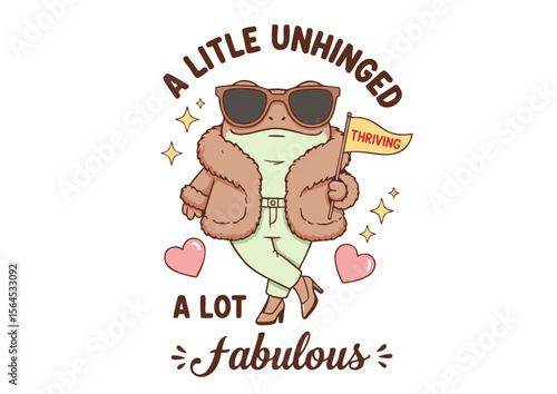 Stylish Frog Wearing Sunglasses Fur Coat Holding Thriving Flag.