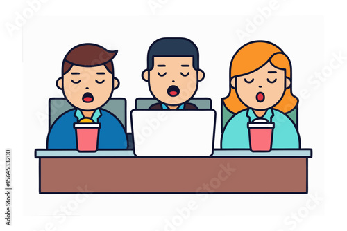 Three diverse cartoon people sitting at a desk with a laptop and popcorn appearing bored or sleepy during a presentation