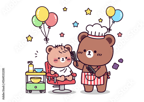 Cartoon Bear Barber Combing Hair of a Bear Client in a Salon.