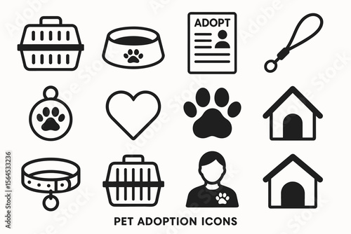 Pet adoption icons: carrier, leash, collar, paw, heart, house, form, bowl, tag