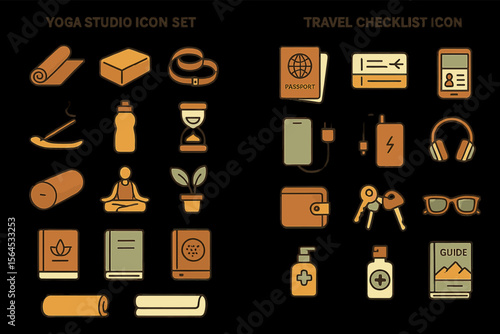 Yoga studio and travel checklist icon set with yoga mat and passport illustrations