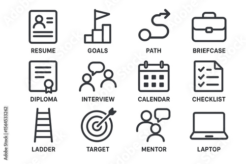 Career planning icons: resume, goals, path, briefcase, diploma, interview, checklist
