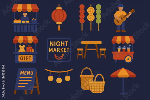 Vibrant night market illustrations with stalls lanterns and musician