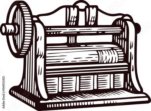 Antique hand cranked laundry wringer isolated vintage engraved mechanical washing device line illustration