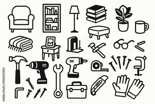 Home and workshop icons: furniture, tools, books, plant, mug, lamp