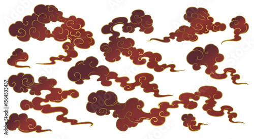 もくもく和風雲イラスト濃赤