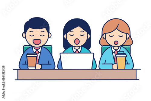Three cartoon business people sitting at a desk with coffee cups and a laptop appearing to yawn or talk