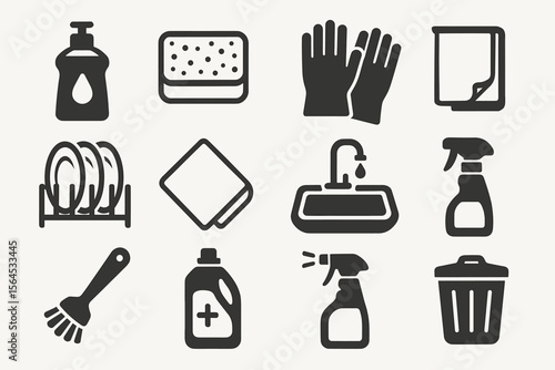 Household cleaning tools icons set: soap dispenser, sponge, gloves, towel, dish rack