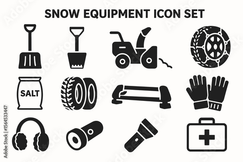 Snow equipment icon set: shovel, snowblower, chains, salt, gloves, flashlight, earmuffs, first aid