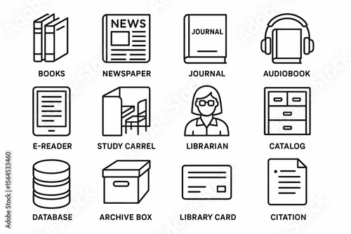 Library icons: books, newspaper, journal, audiobook, and more in line art style