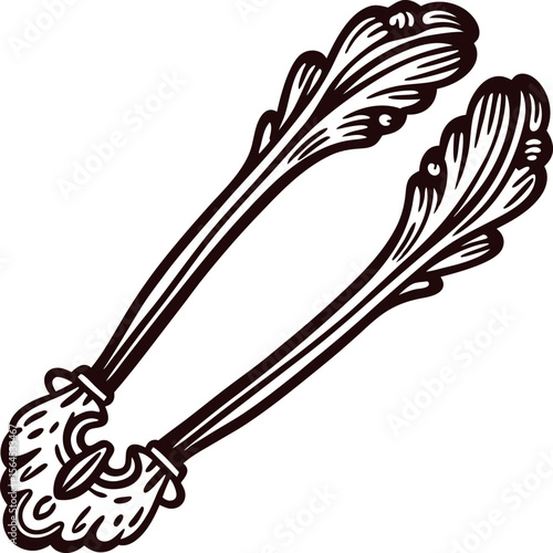 hand drawn antique sugar tongs with ornate handles vintage engraved utensil illustration on white background