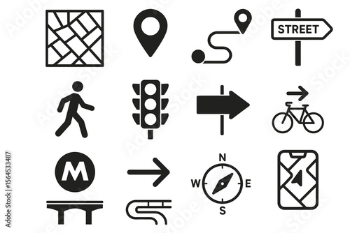 Transportation and navigation icons set featuring maps, directions, and signs