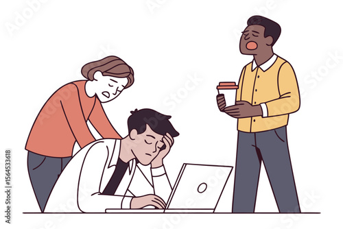 Three office workers experiencing stress and exhaustion one man is overwhelmed at his laptop while others show concern and fatigue