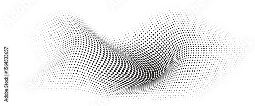 Flowing Wave Dot Halftone Pattern: Curve Gradient Shape on Transparent Background. Suitable for AI, Tech, Network, Digital, Science, and Technology Themes.