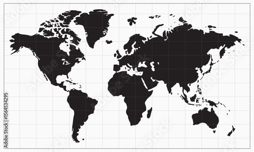 World Map Silhouette with Continent Outlines on Grid Background, Global Concept