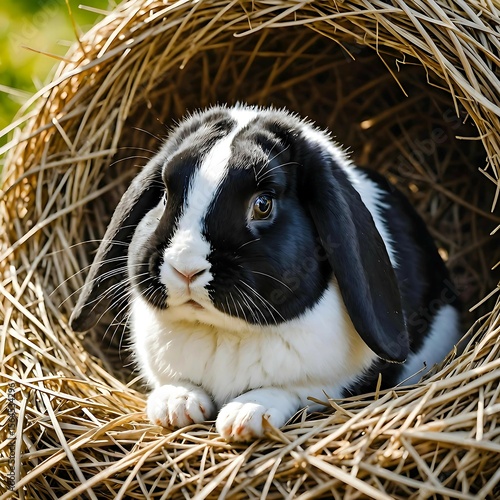 A cute black and white short-haired lop-eared rabbit in its straw nest