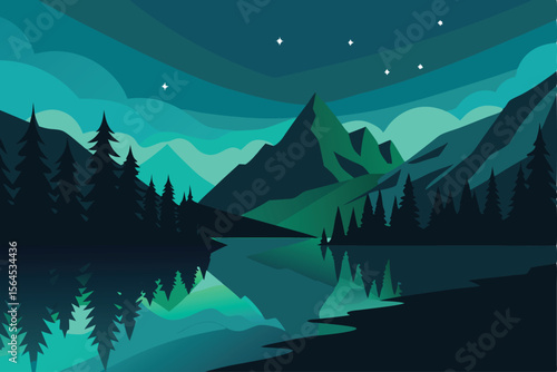 Serene Night Landscape Mountains, Lake, and Starry Sky Illustration