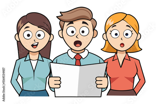 Three cartoon business colleagues with surprised expressions reading a document together in a professional setting