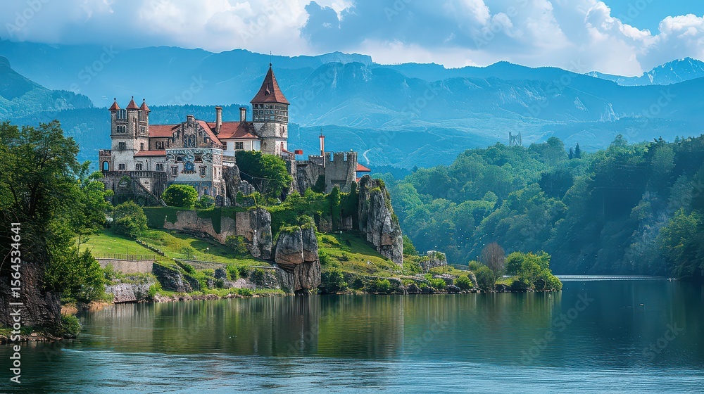 A picturesque castle perched atop rocky cliffs overlooking a serene lake with mountains in the distance A picturesque castle perched atop rocky cliffs overlooking a serene lake with mountains in the distance