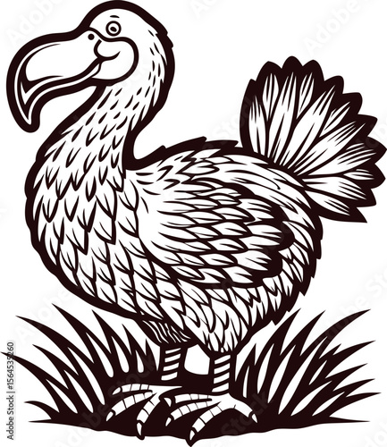 Vintage dodo bird illustration standing on grass engraved monochrome drawing of extinct flightless avian species