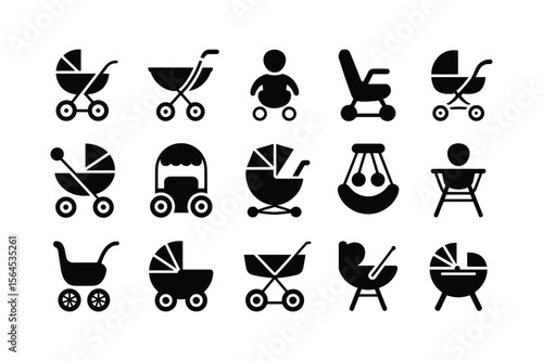 Baby strollers and carriers black icons baby carriage pram