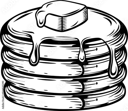 Stack of pancakes with melting butter and syrup illustration in vintage hand drawn engraved