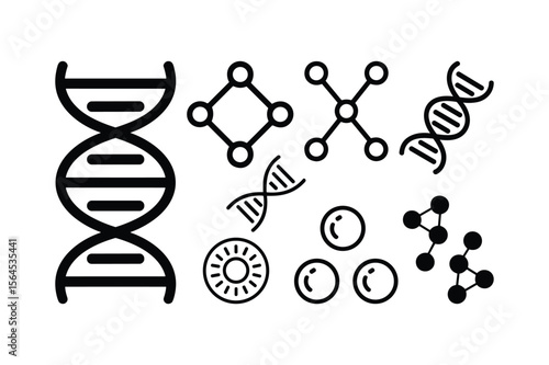 Black D N A helix molecules and atomic structures on white science