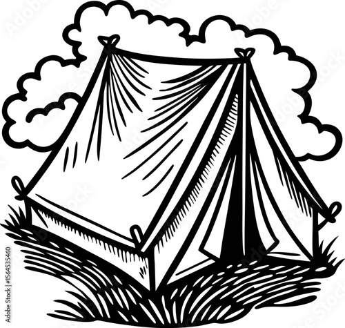 Hand drawn vintage canvas tent sketch with open entrance and clouds, outdoor camping scene in engraved