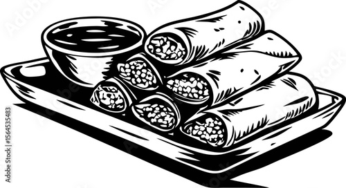 Hand drawn illustration of spring rolls served on tray with dipping sauce in vintage engraved