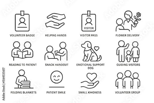 Volunteer icons: helping hands, visitor pass, support dog, kindness symbols