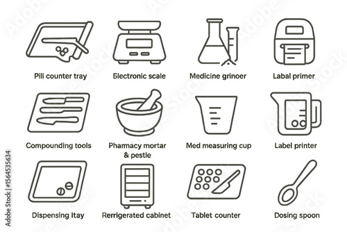 Pharmacy tools: tray, scale, grinder, printer, mortar, dispenser icons