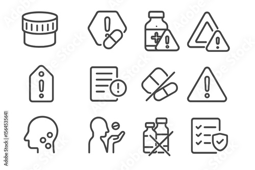 Medication icons representing warnings and dosage instructions