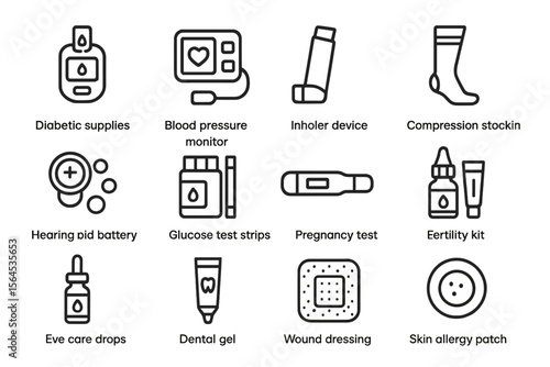 Medical equipment icons: diabetes, pregnancy, hearing, skin allergy