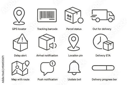 Delivery icons: locator, barcode, parcel status, alert, notification, eta