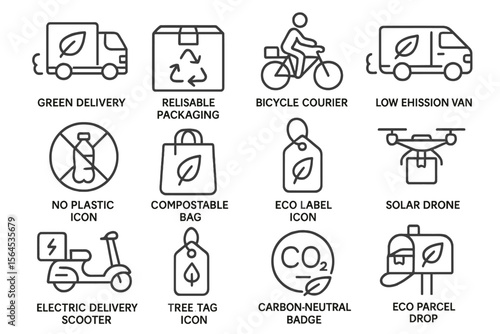 Eco-friendly delivery icons featuring green transport and sustainable packaging