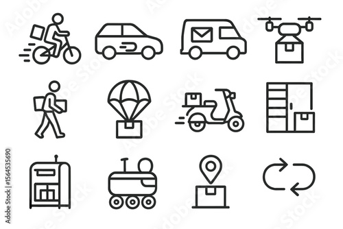 Delivery icons set featuring various transport and shipping methods