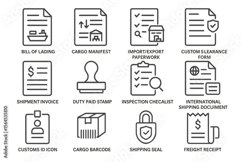 Shipping documents and icons for international cargo and customs clearance