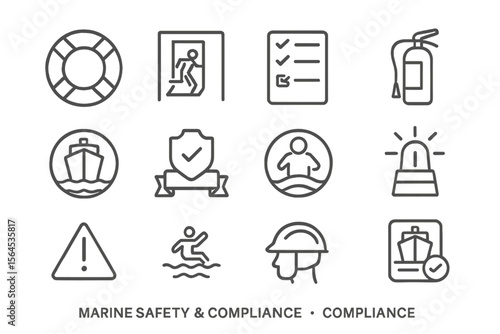 Marine safety symbols and compliance icons in gray tone