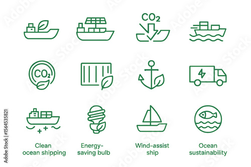 Eco-friendly shipping icons: co2 reduction, sustainability, wind-powered vessels